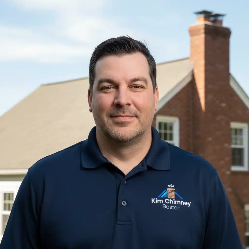 Raymond Kimberly, owner of Kim Chimney Boston, wearing company branded shirt
